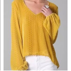 Blu Moon Golden sheer velvet long puff sleeve top v-neck geometric pattern XS